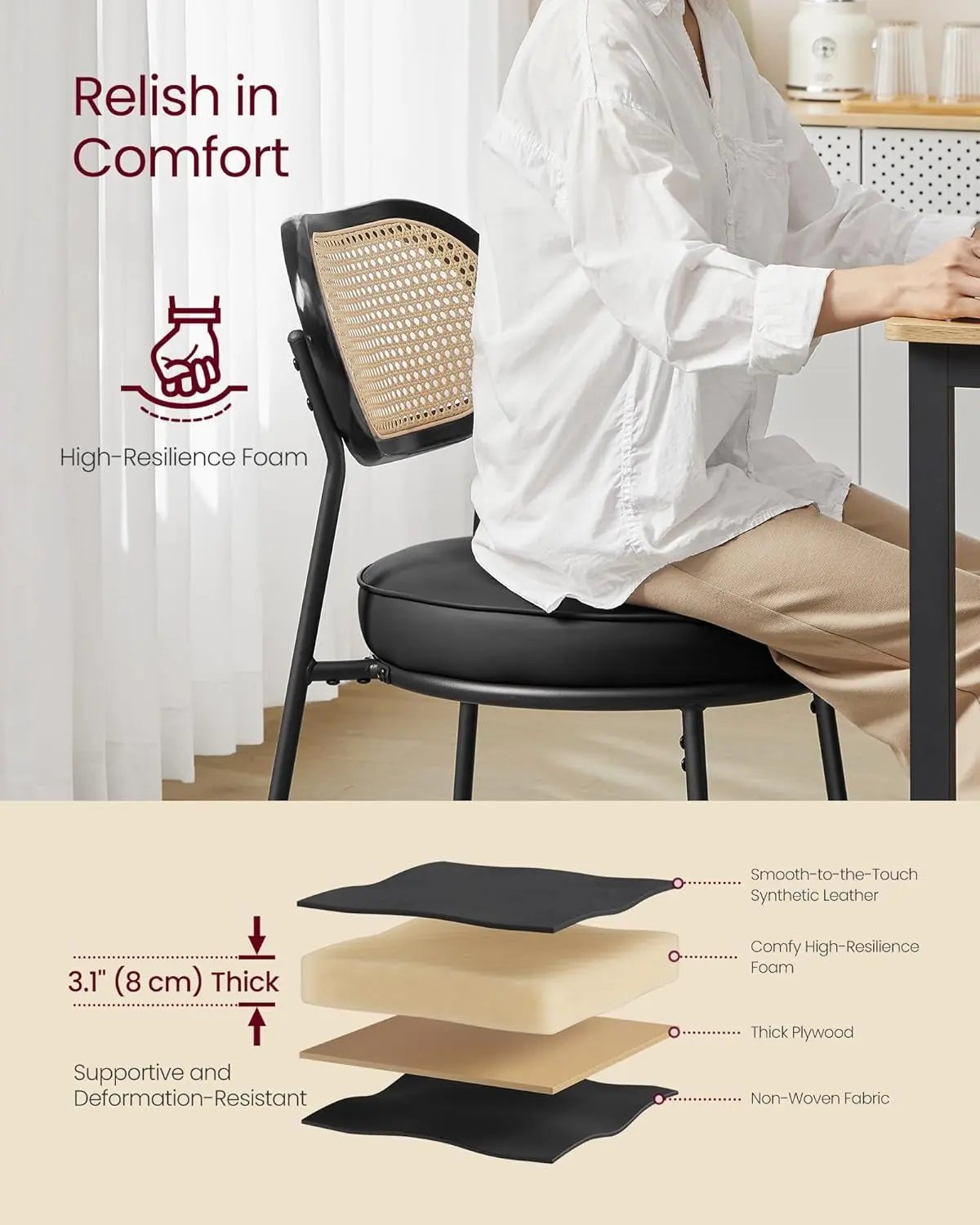 Dining Chairs, Set of 4 Dining Room Chairs with Boho PE Rattan Back, Synthetic Leather Upholstered Accent Chairs for Kitchen Living Room, Ink Black ULDC160B24-4