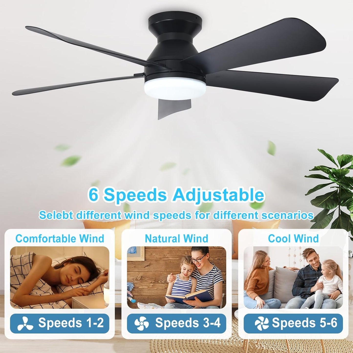 Black42InchCeilingFanWithDimmableLEDLightRemoteControlledFlushMountIndoorOutdoorReversibleBlades5Speeds-4