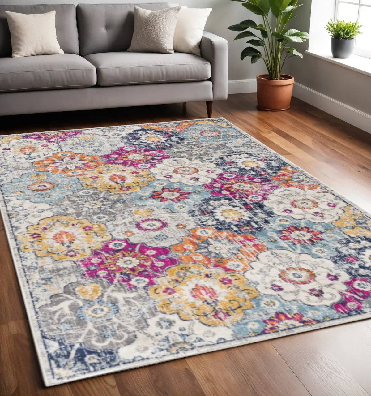 5' X 7' Blue and Ivory Floral Area Rug Homeroots