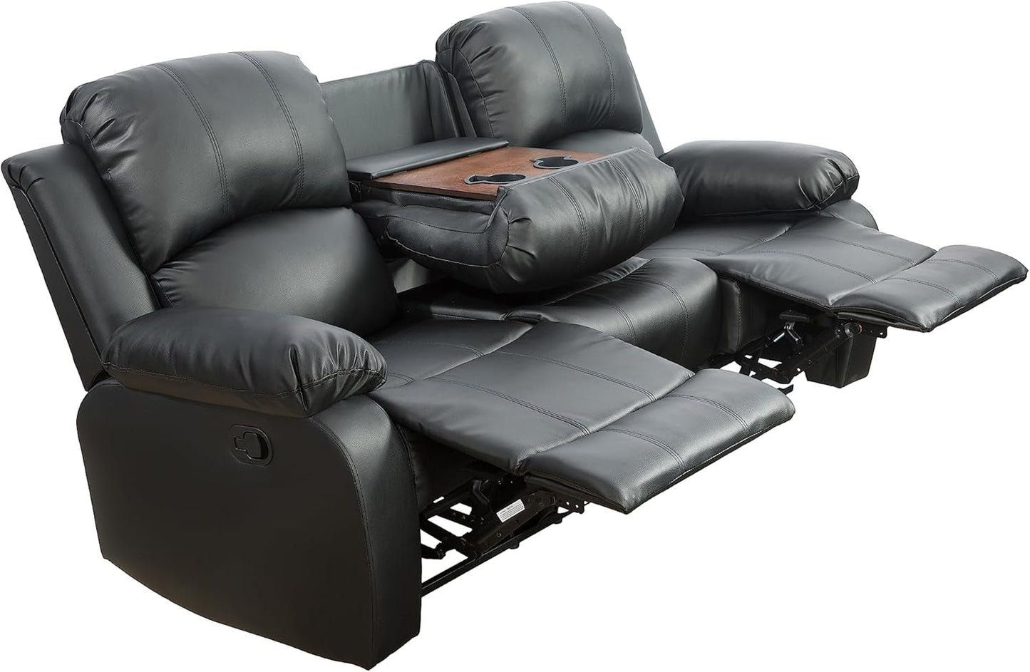 Black Vegan Leather 3-Seater Reclining Sofa Table, Cup Holders-4