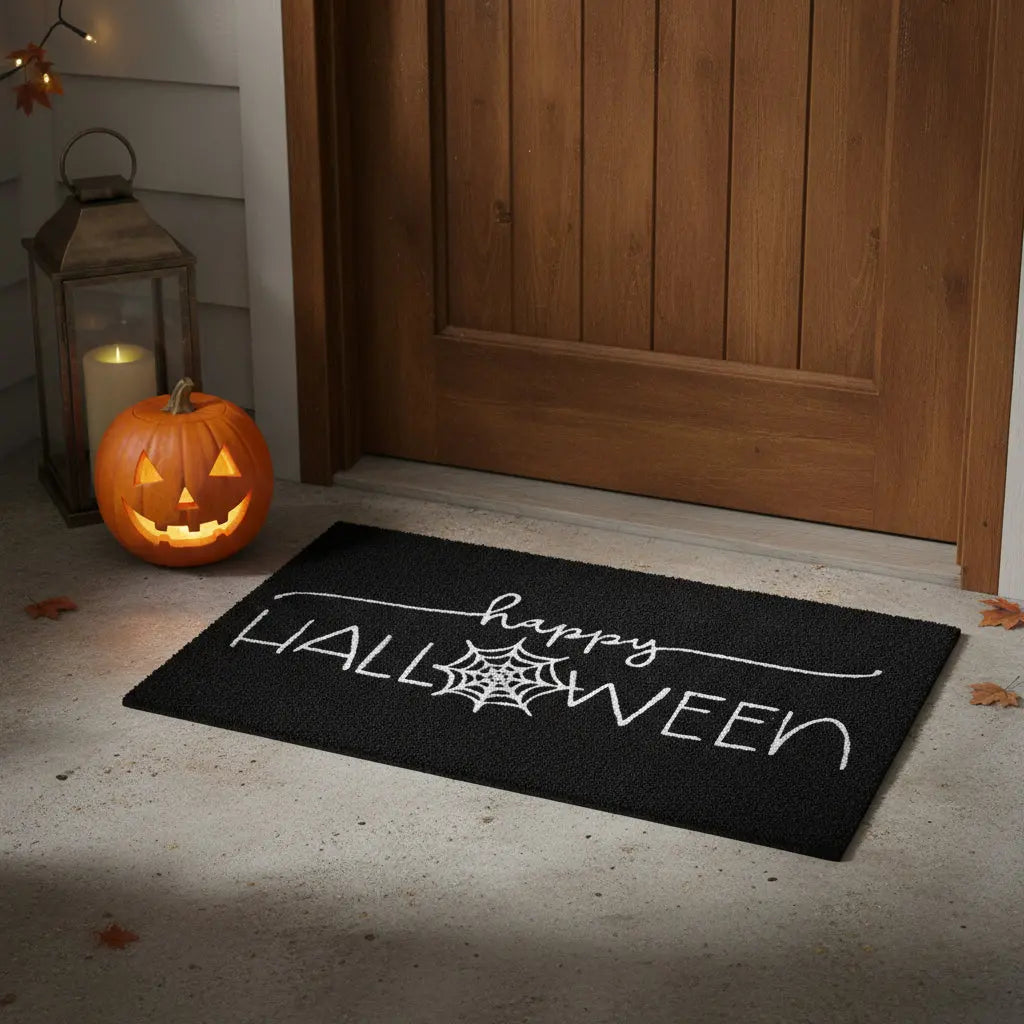17" X 29" Black And White Halloween Halloween Happy Halloween Outdoor Coir Door Mat Homeroots