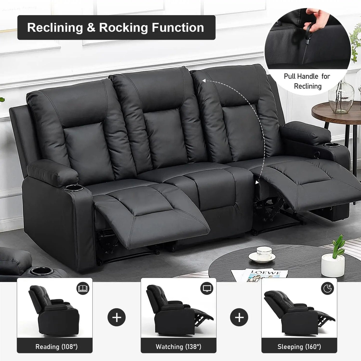 Recline Chair Set,Furniture 2PC Bonded Leather Recliner Set Living Room Set, Sofa, Loveseat(Black,Living Room Set3+2)-4