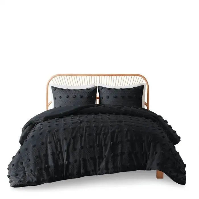 King/Cal King 3 Piece Pompom Microfiber Hypoallergenic Comforter Set in Black FastFurnishings