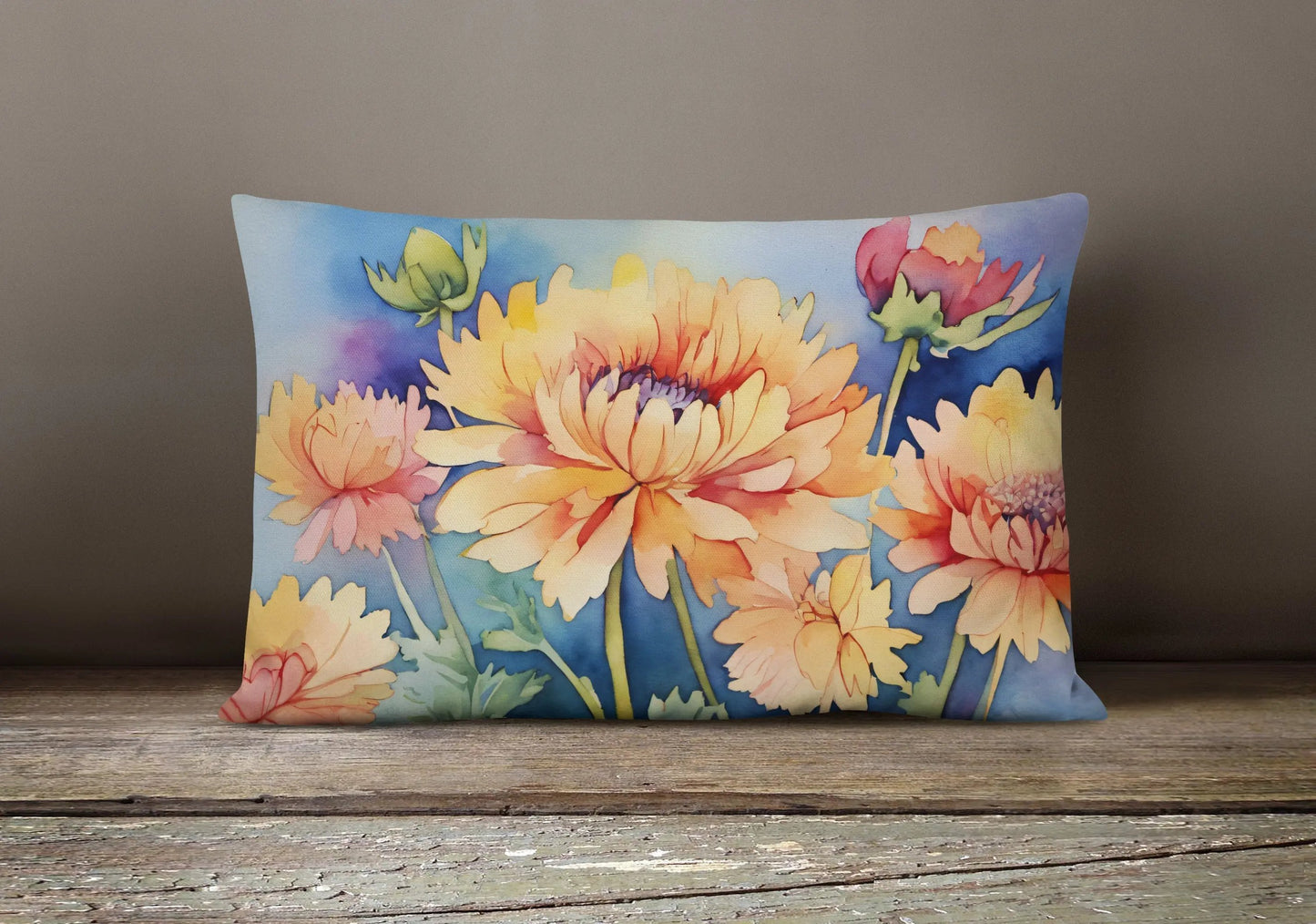 Chrysanthemums in Watercolor Throw Pillow - Vivid Treasure Zone
