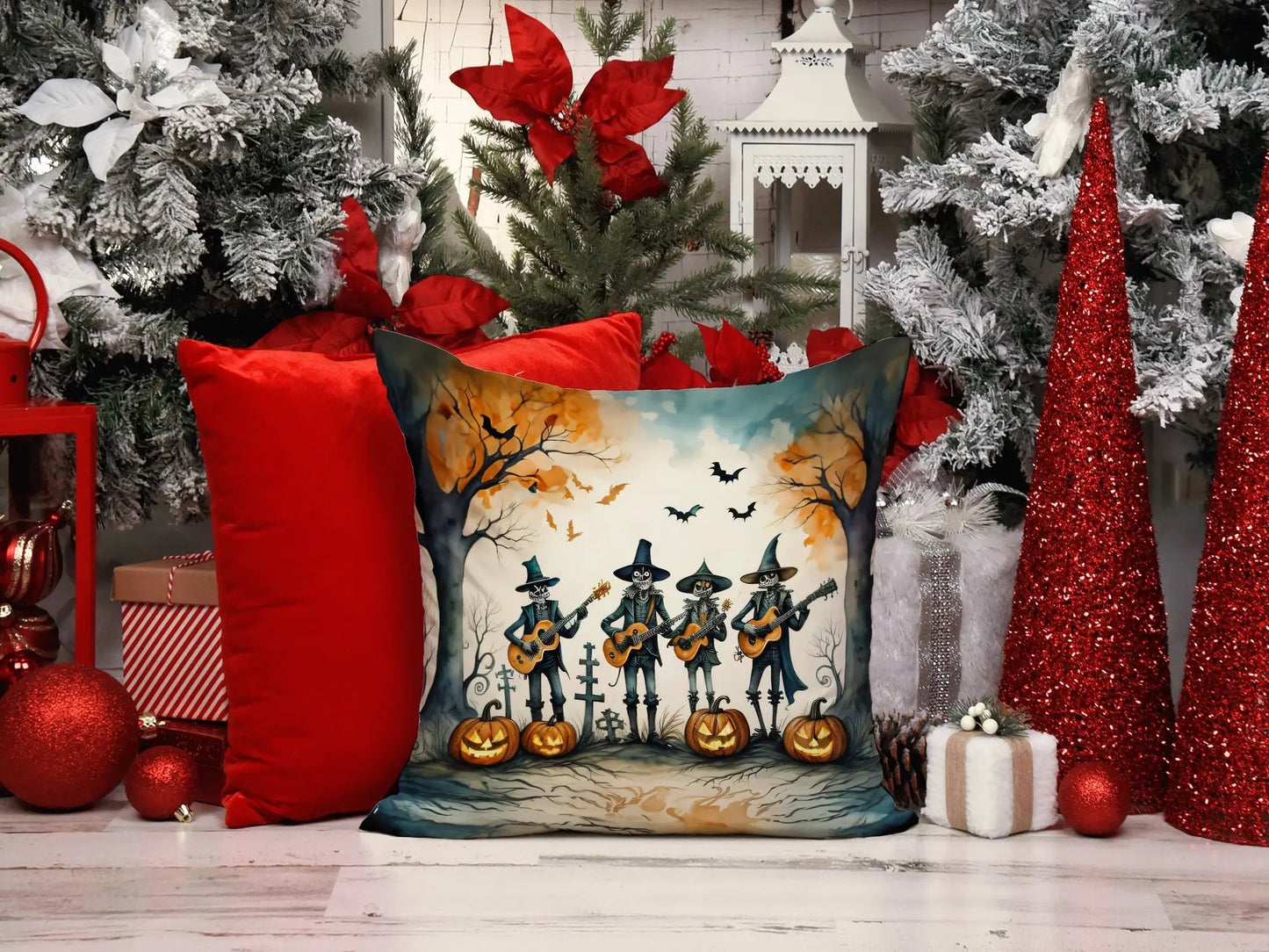 Mariachi Skeleton Band Spooky Halloween Throw Pillow-4