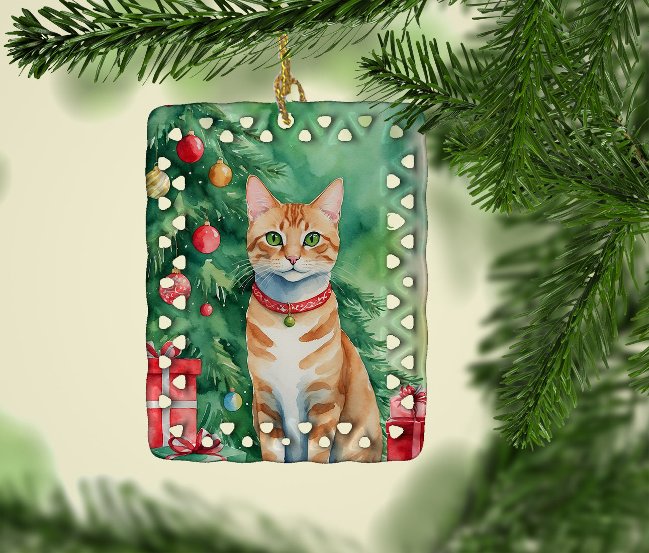Arabian Mau Cat By the Christmas Tree Porcelain Ornament Caroline's Treasures
