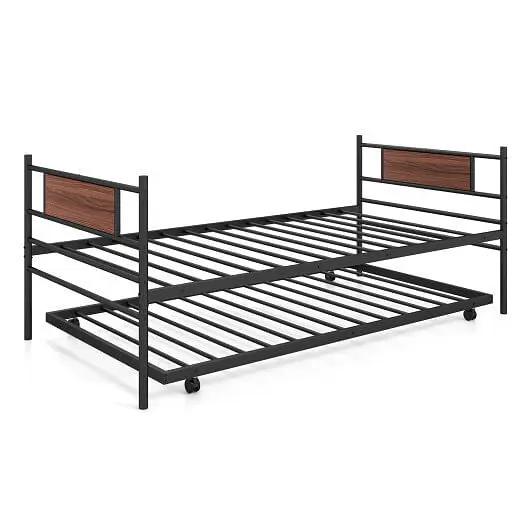 Twin Size Metal Daybed with Trundle and Wood Grain Headboard Vivid Treasure Zone