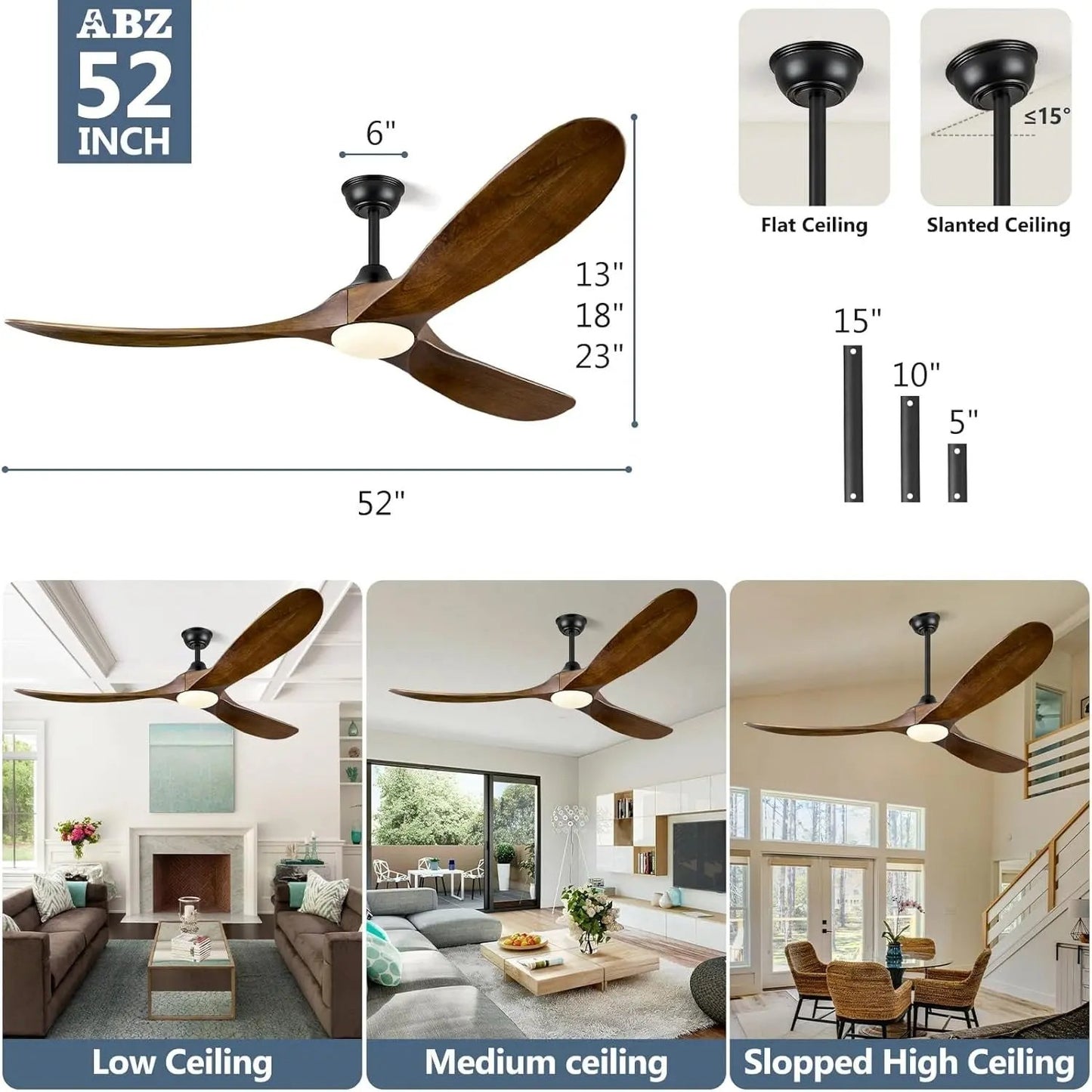 FiftyTwoInch WalnutWood CeilingFan WithRemote IntegratedLights HighAirflow SolidWood-4