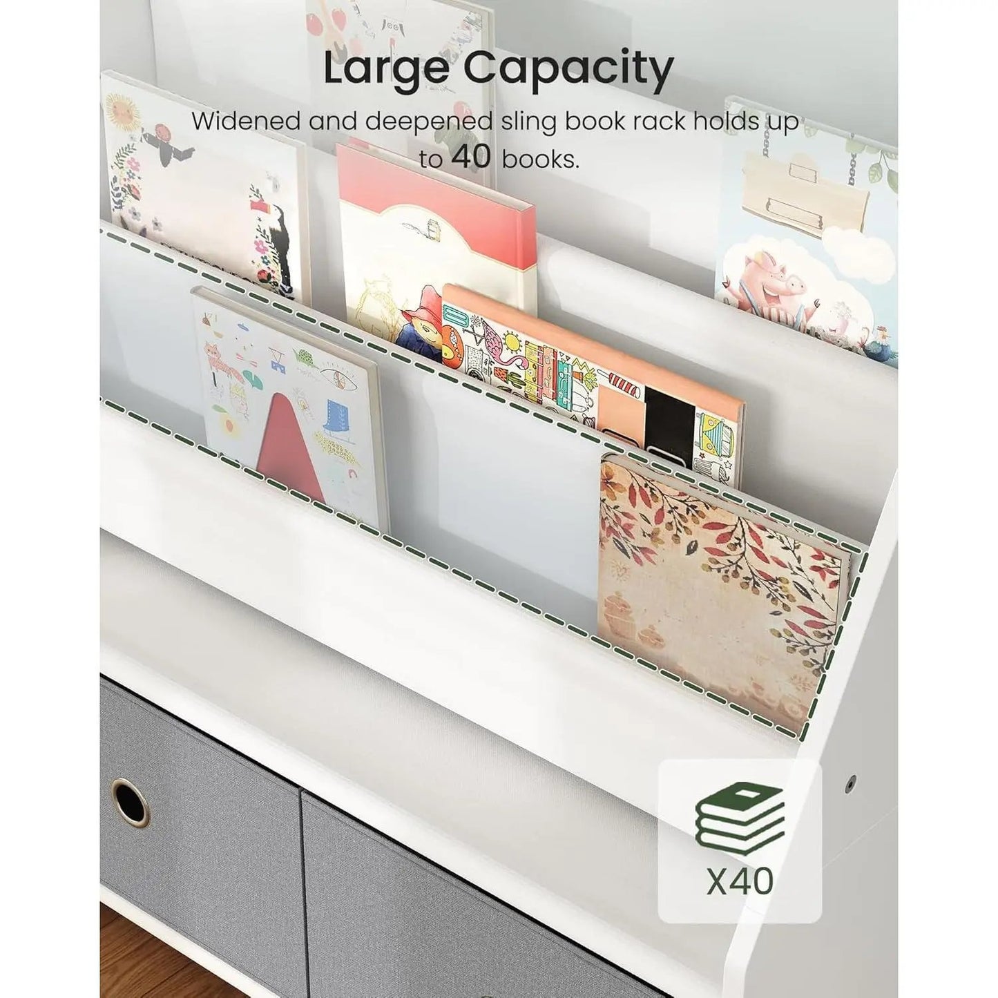 Kids Bookshelf and Toy Storage, 4 Tier Large Capacity Kids Book Rack, Sling Kids Bookcase, for Kids Room, Nursery, Playroom, White and Gray MCW06WT-4