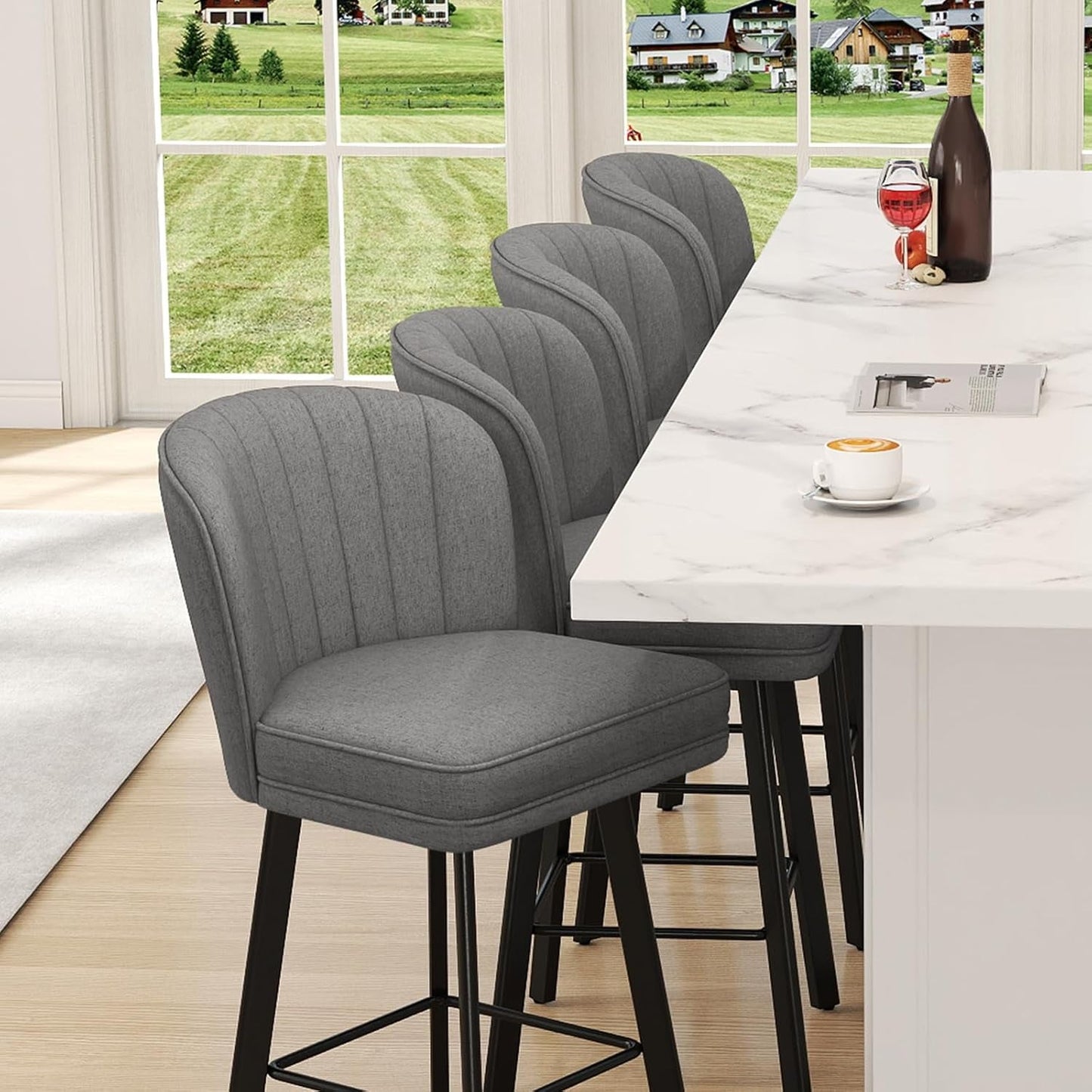 Swivel Counter Height Bar Stools Set of 3, 26'' Modern Barstools with Backs and Metal Legs, Upholstered Bar Chairs, Faux Leather Mid-Gray Stools for Kitchen Island Chairs-4