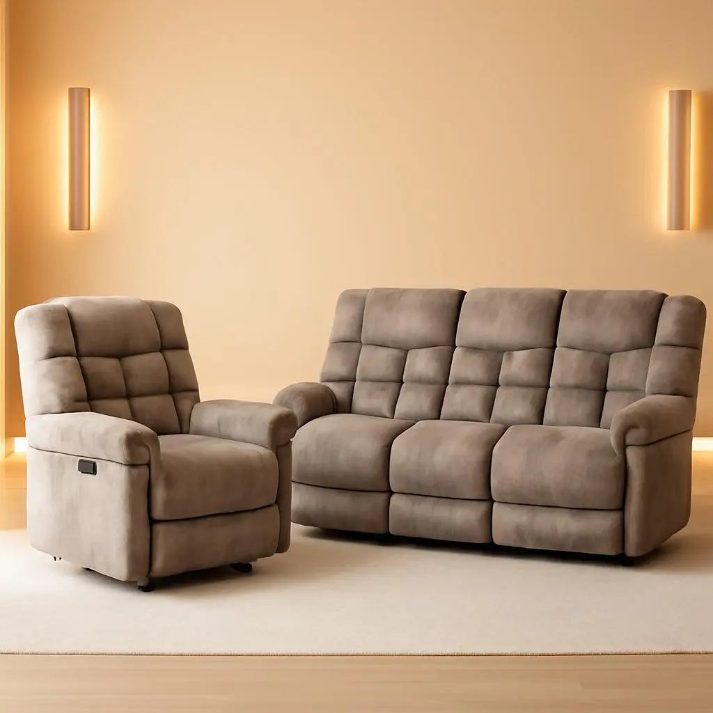 Manual Recliner Sofa Set Premium Quality Memory Foam Cushions Stain Resistant Upholstery Brown ShipItFurniture