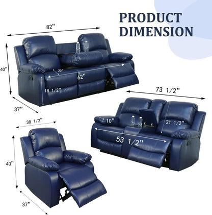 Manual Leather Recliner Sofa Set for Living Room Furniture Set,Leather Recliner Couch Set for Home/Office,Leather Couch Set for 3-Pieces(Sofa+Loveseat+Chair) Blue-1