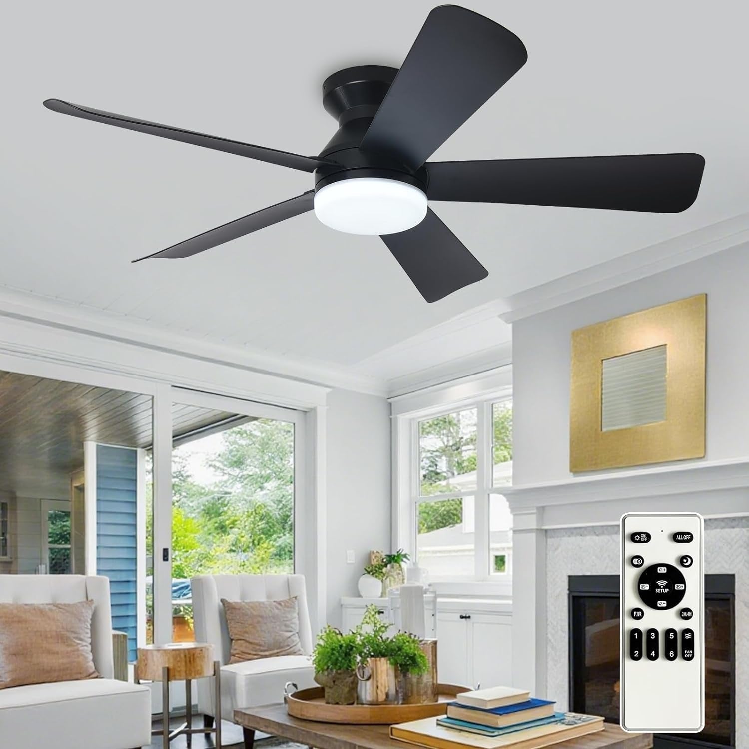 Black42InchCeilingFanWithDimmableLEDLightRemoteControlledFlushMountIndoorOutdoorReversibleBlades5Speeds-0