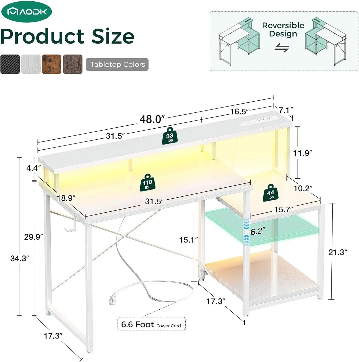 Computer Desk, 48 Inch Gaming Desk with Led Lights & Power Outlet, Office Desk with Printer Storage Shelves, Reversible Desk with Monitor Shelf & Headphone Hook, White-2
