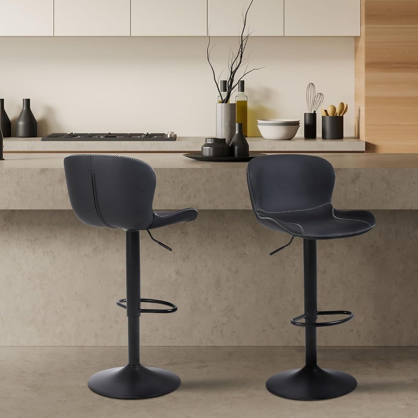 Bar Stools Set of 2, PU Leather Counter Height Barstools with Back, Height Adjustable Swivel Bar Chairs, Modern Armless Kitchen Island Stool, Black-1