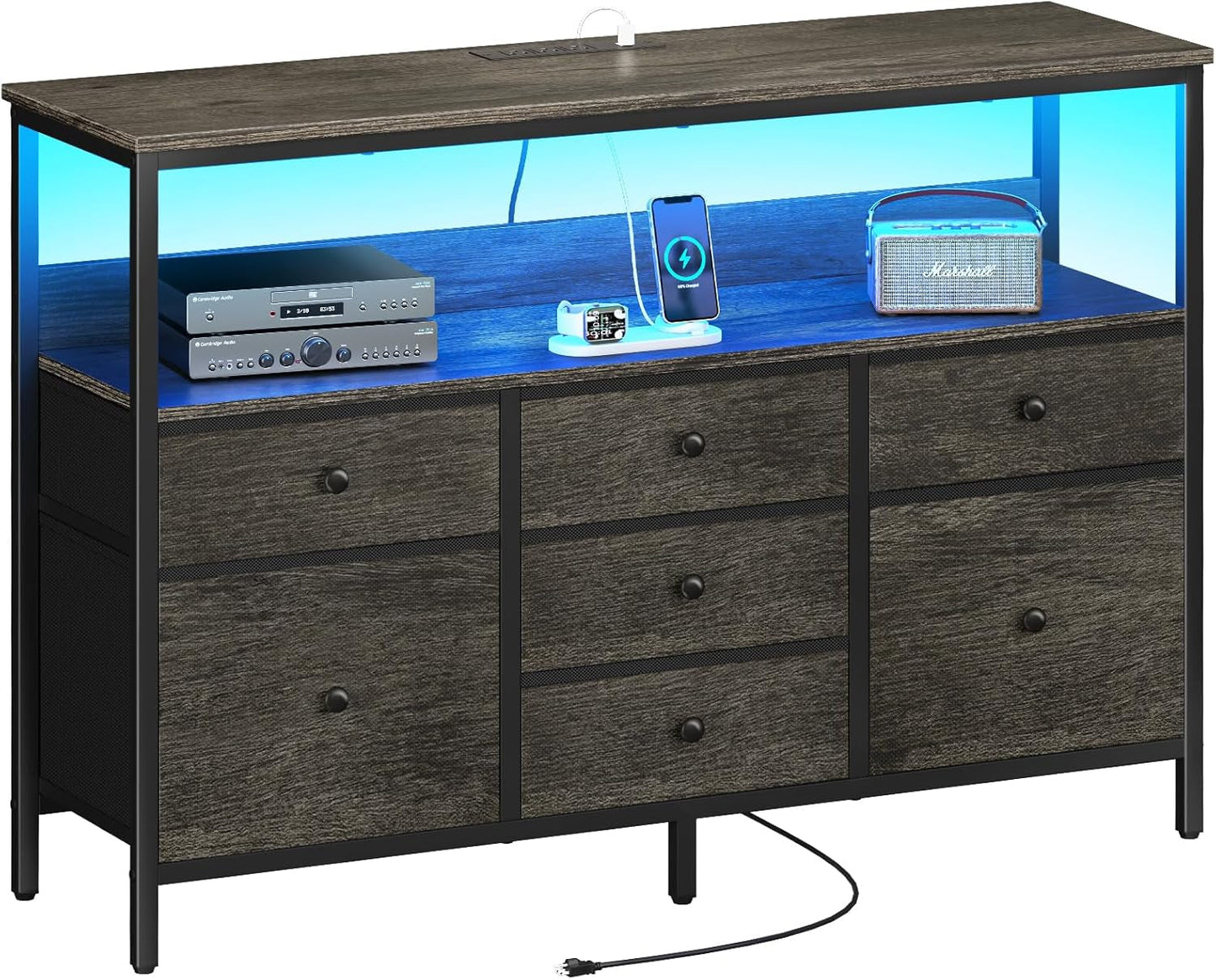 TV Stand Dresser for Bedroom, 7 Fabric Drawers Entertainment Center, LED Dressers with Power Outlets, TV Stands for Living Room with Storage Shelf, TV Console Entertainment Stand up to 50" TV ShipItFurniture