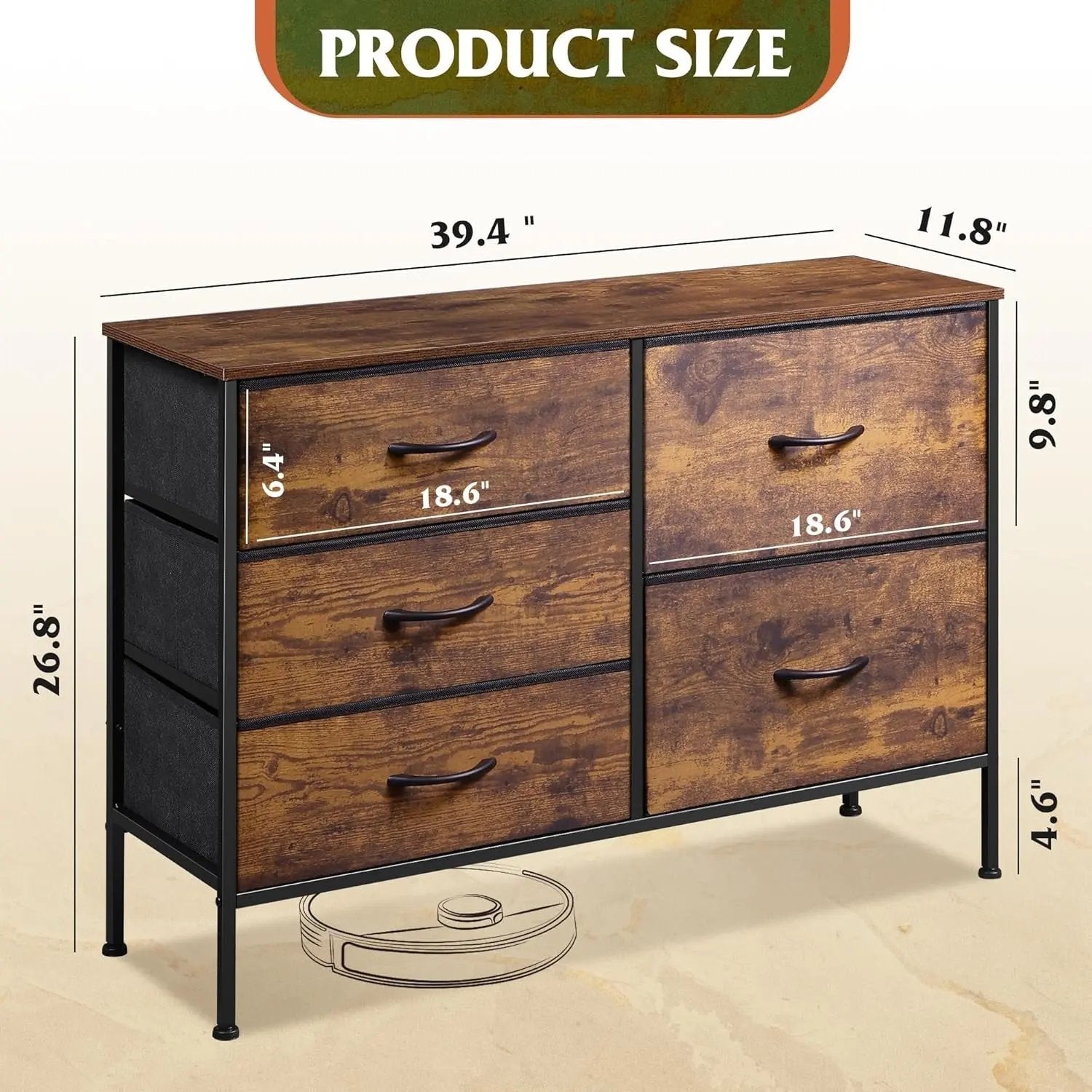 Dresser for Bedroom with 5 Drawers, Wide Bedroom Dresser with Drawer Organizers, Chest of Drawers, Fabric Dresser for Living Room, Closet, Hallway, Rustic Brown Wood Grain Print ShipItFurniture