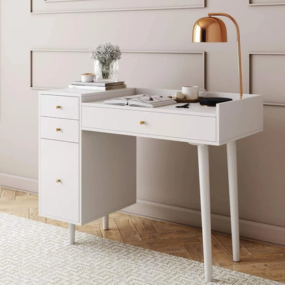 Daisy Vanity Dressing Table or Makeup Desk with 4-Drawers and Brass Accent Knobs, White Wood ShipItFurniture
