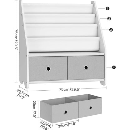 Kids Bookshelf and Toy Storage, 4 Tier Large Capacity Kids Book Rack, Sling Kids Bookcase, for Kids Room, Nursery, Playroom, White and Gray MCW06WT-1