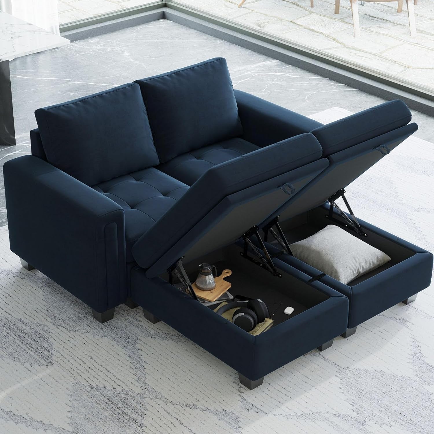 Velvet Modular Sectional Sofa Couch with Storage Convertible Sectional Sleeper Sofa Couch Bed Set with Reversible Chaise Blue-3