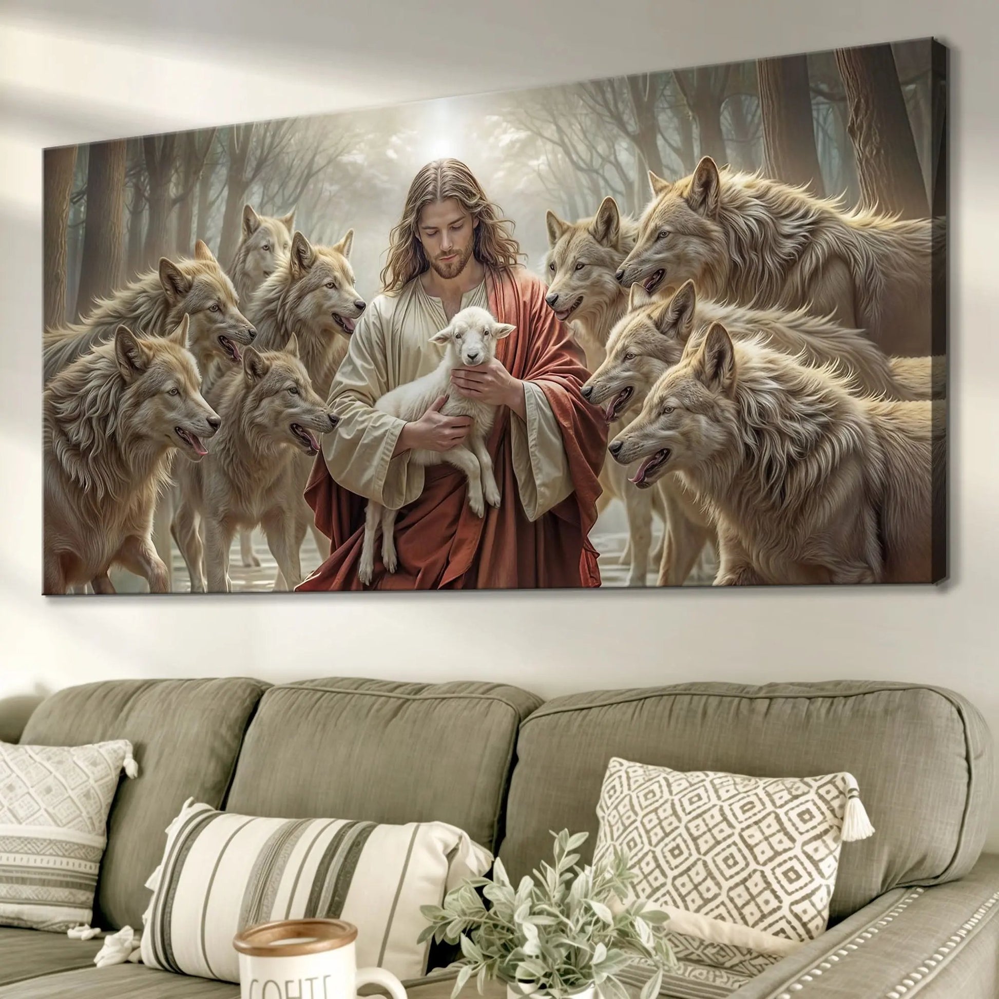 Jesus Protects The Lamb From Wolves Faith Wall Art II Tailored Canvases