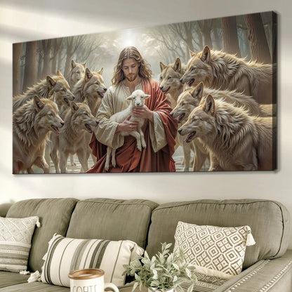 Jesus Protects The Lamb From Wolves Faith Wall Art II Tailored Canvases