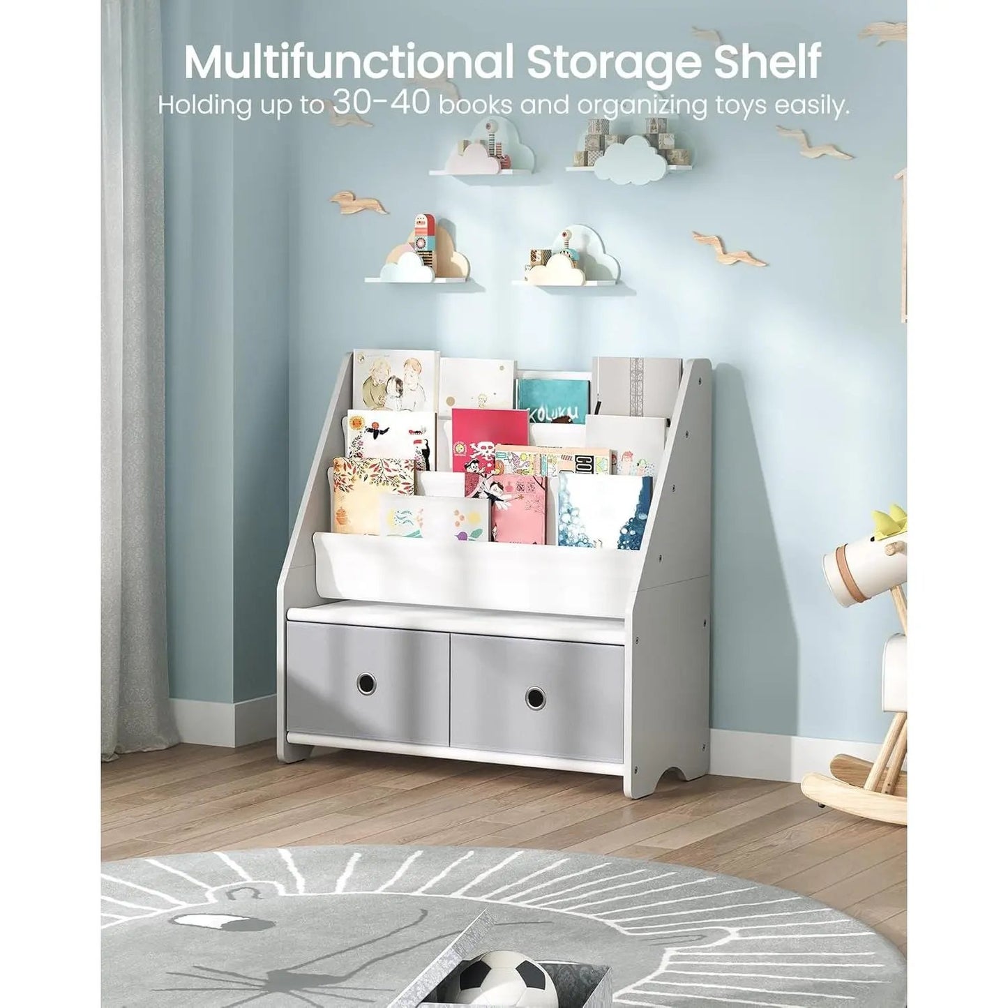 Kids Bookshelf and Toy Storage, 4 Tier Large Capacity Kids Book Rack, Sling Kids Bookcase, for Kids Room, Nursery, Playroom, White and Gray MCW06WT-2