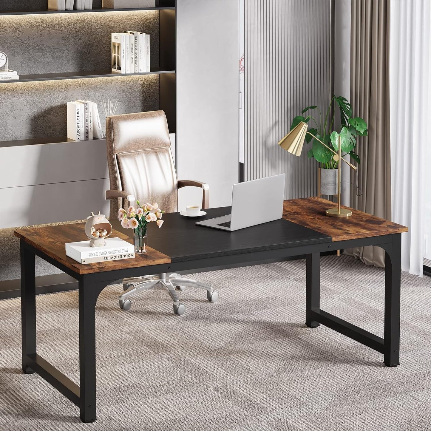 63 Inch Large Executive Computer Office Desk, Brown+Black-4