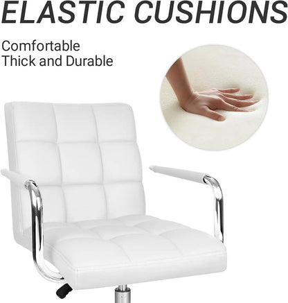 Mid-Back Office Task Chair Ribbed PU Leather Executive Modern Adjustable Home Desk Retro Comfortable Work Chair 360 Degree Swivel with Arms (White)-3