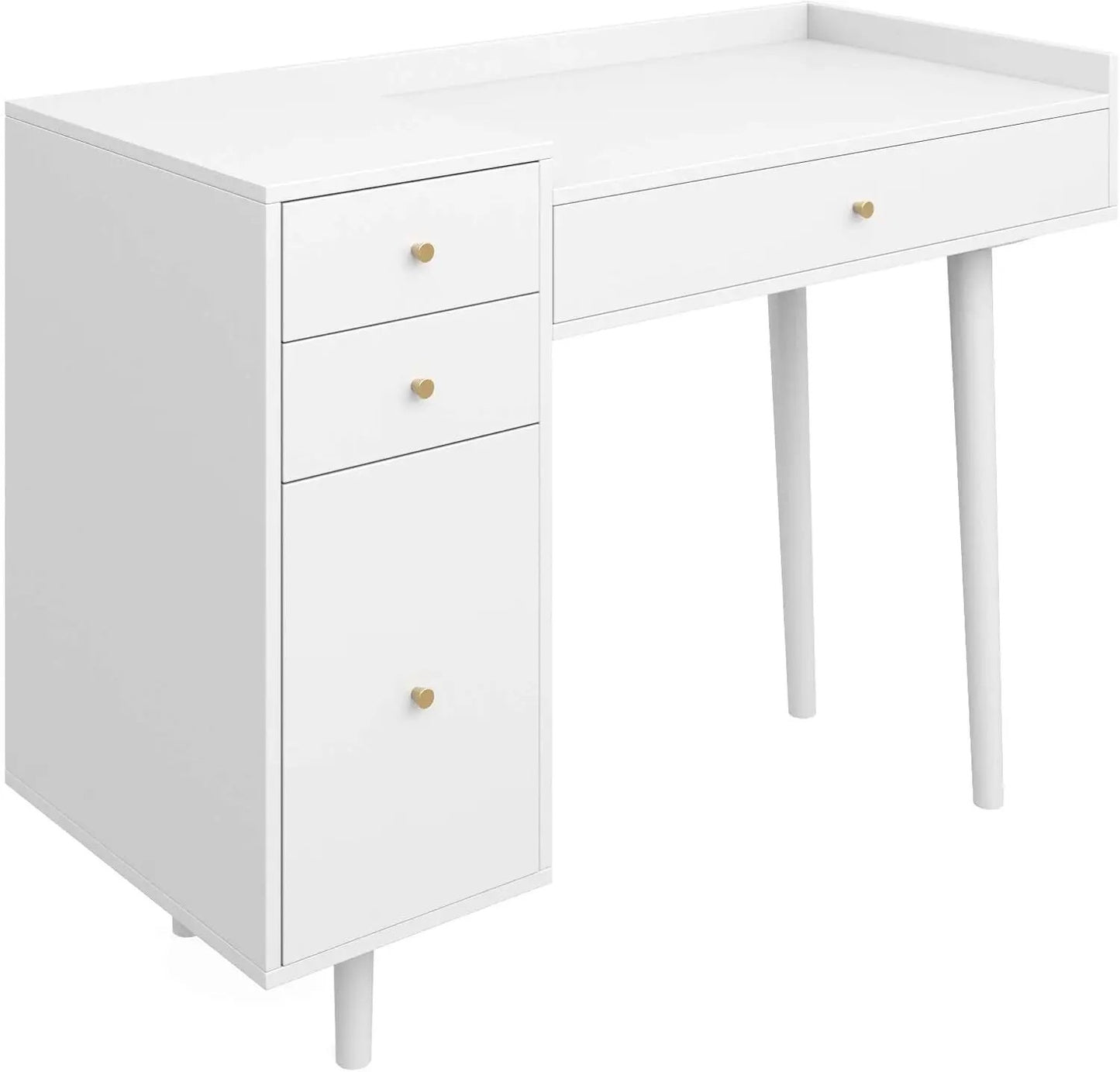 Daisy Vanity Dressing Table or Makeup Desk with 4-Drawers and Brass Accent Knobs, White Wood ShipItFurniture