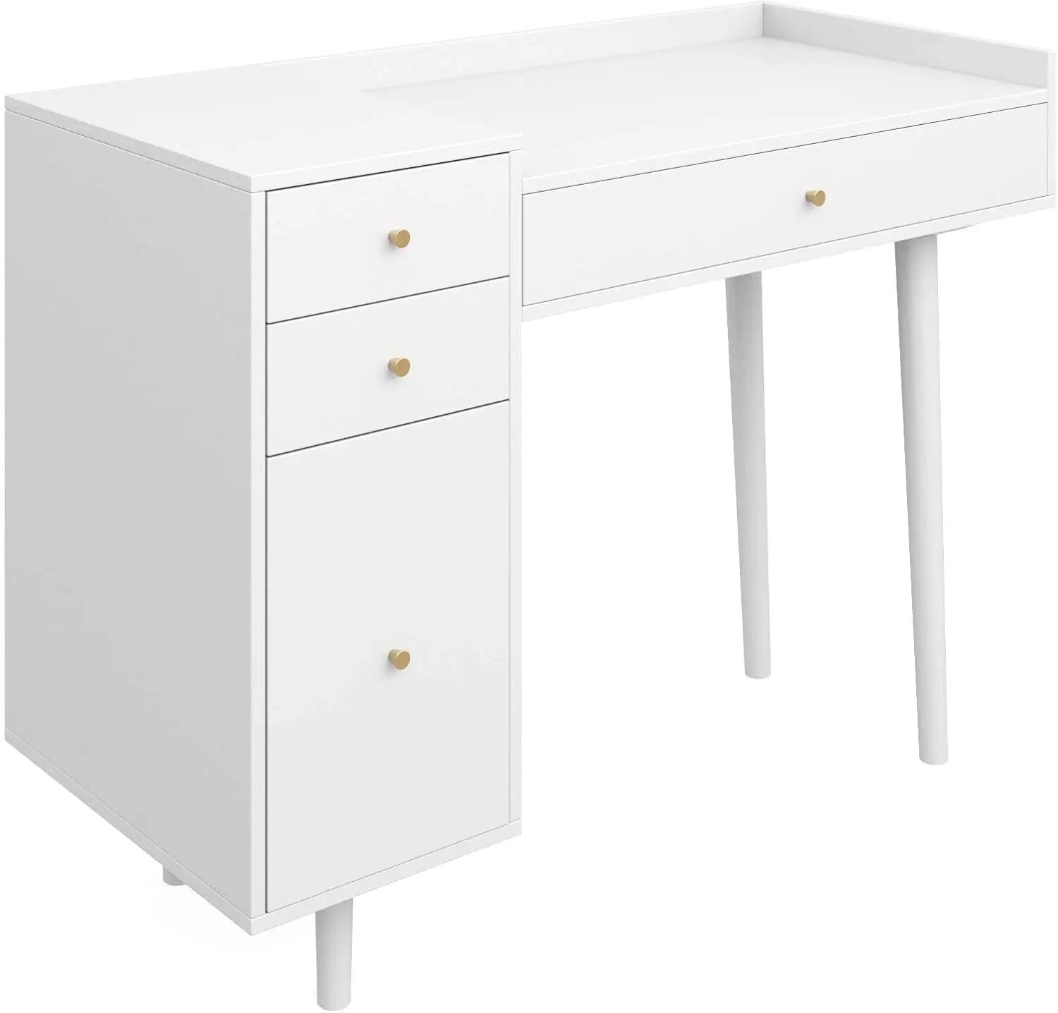 Daisy Vanity Dressing Table or Makeup Desk with 4-Drawers and Brass Accent Knobs, White Wood ShipItFurniture