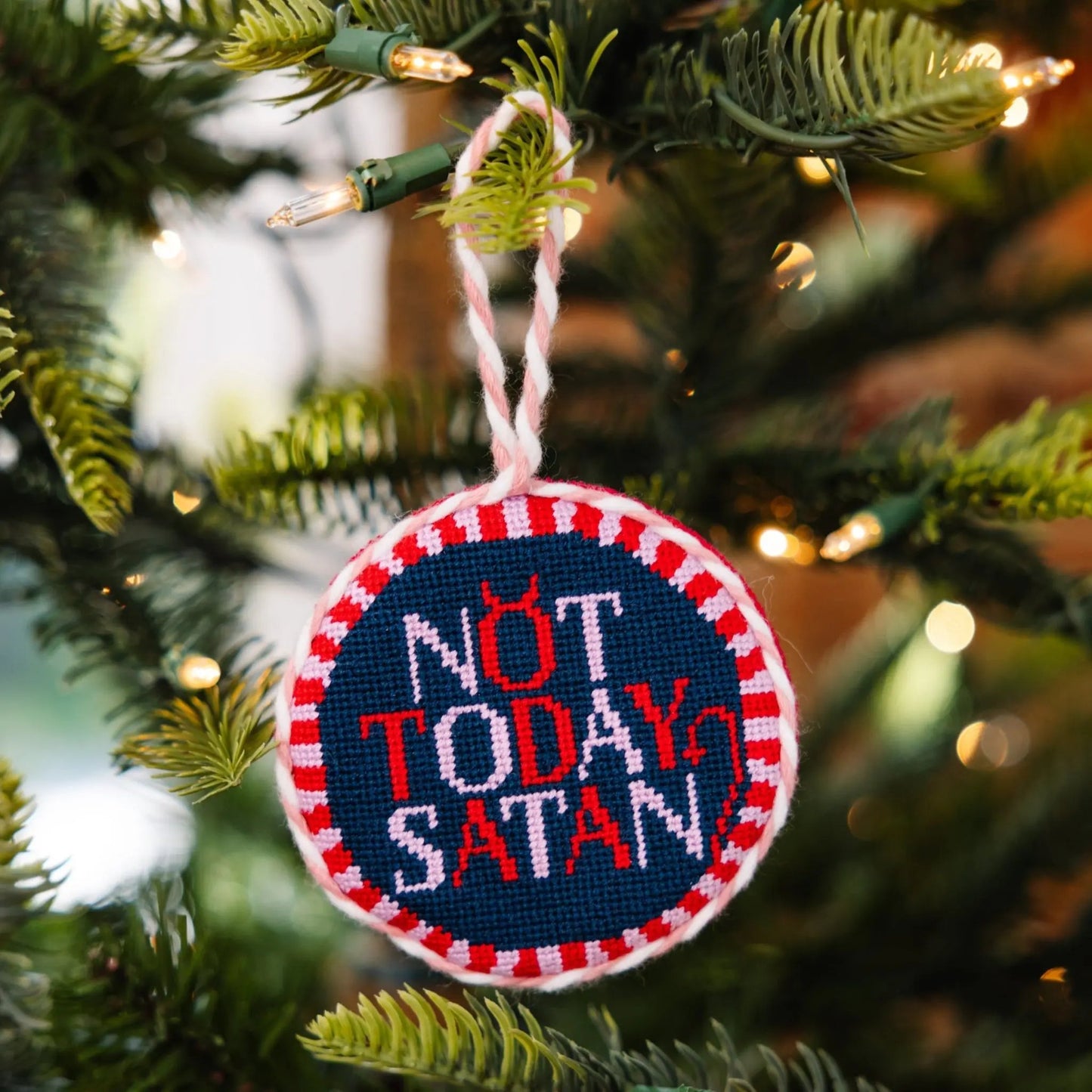 Needlepoint Ornament - Not Today Satan Furbish Studio