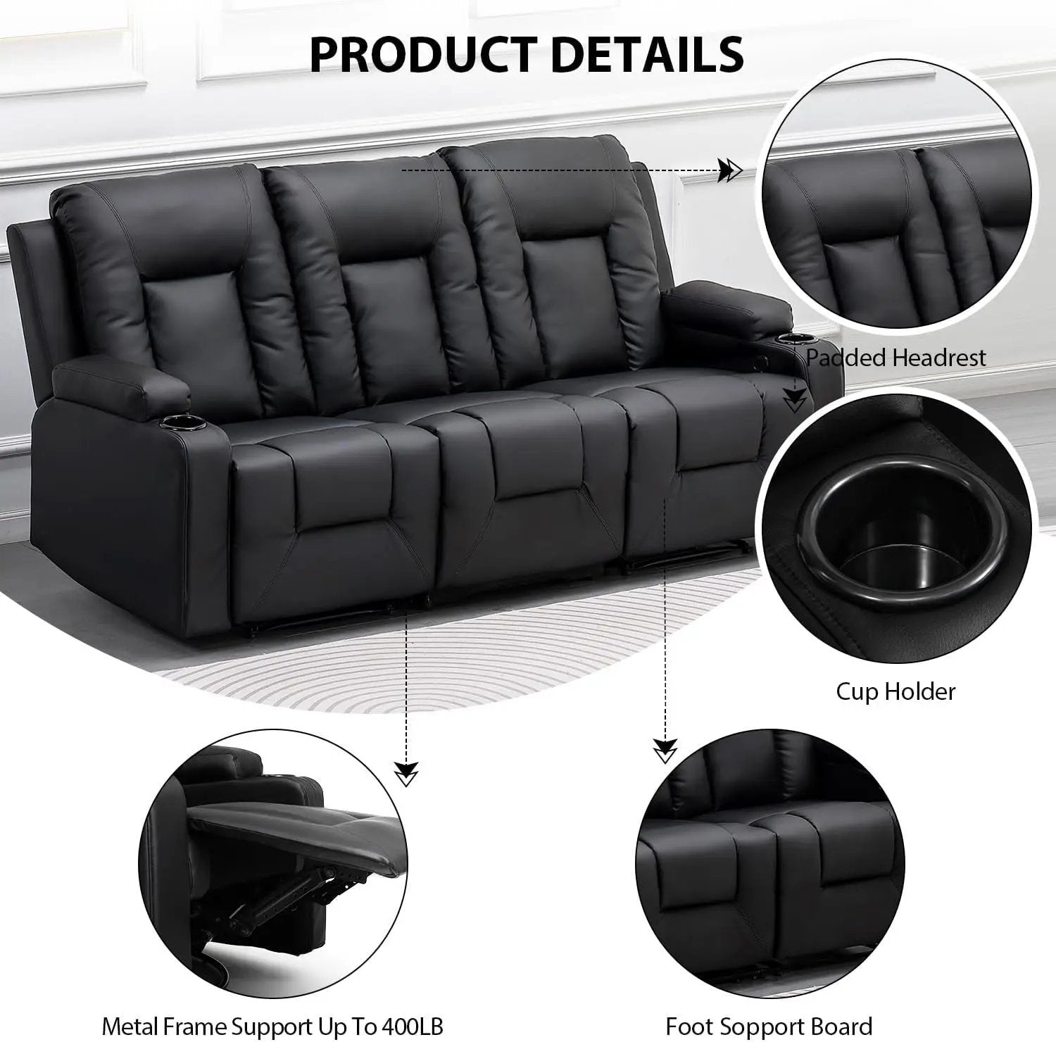 Recline Chair Set，Furniture 2PC Bonded Leather Recliner Set Living Room Set, Sofa, Loveseat（Black,Living Room Set3+2）-3