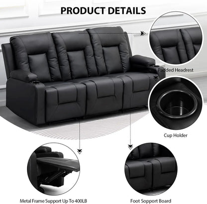 Recline Chair Set，Furniture 2PC Bonded Leather Recliner Set Living Room Set, Sofa, Loveseat（Black,Living Room Set3+2）-3