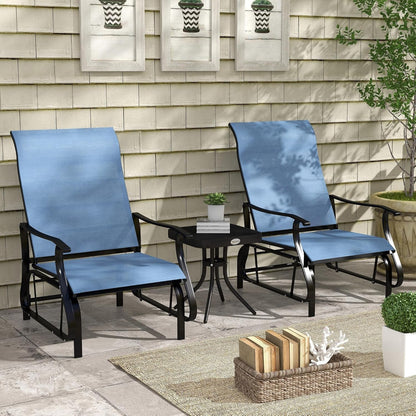 3-Piece Outdoor Gliders Set Bistro Set with Steel Frame, Tempered Glass Top Table for Patio, Garden, Backyard, Lawn, Light Blue ShipItFurniture
