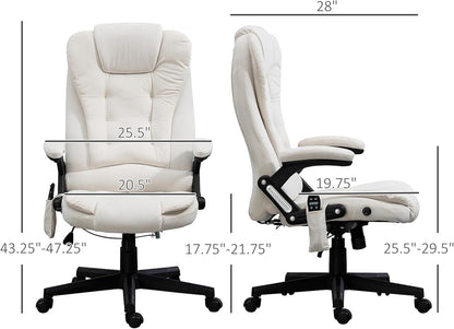 6 Point Vibrating Massage Office Chair with Heat, Velvet High Back Executive Office Chair with Reclining Backrest, Padded Armrests and Remote, Cream White-2
