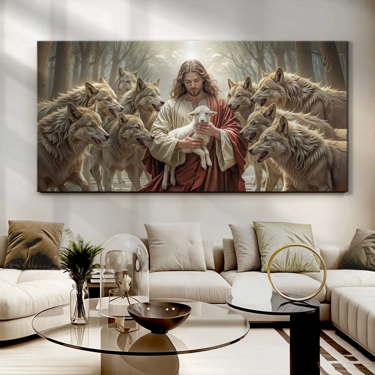 Jesus Protects The Lamb From Wolves Faith Wall Art II Tailored Canvases