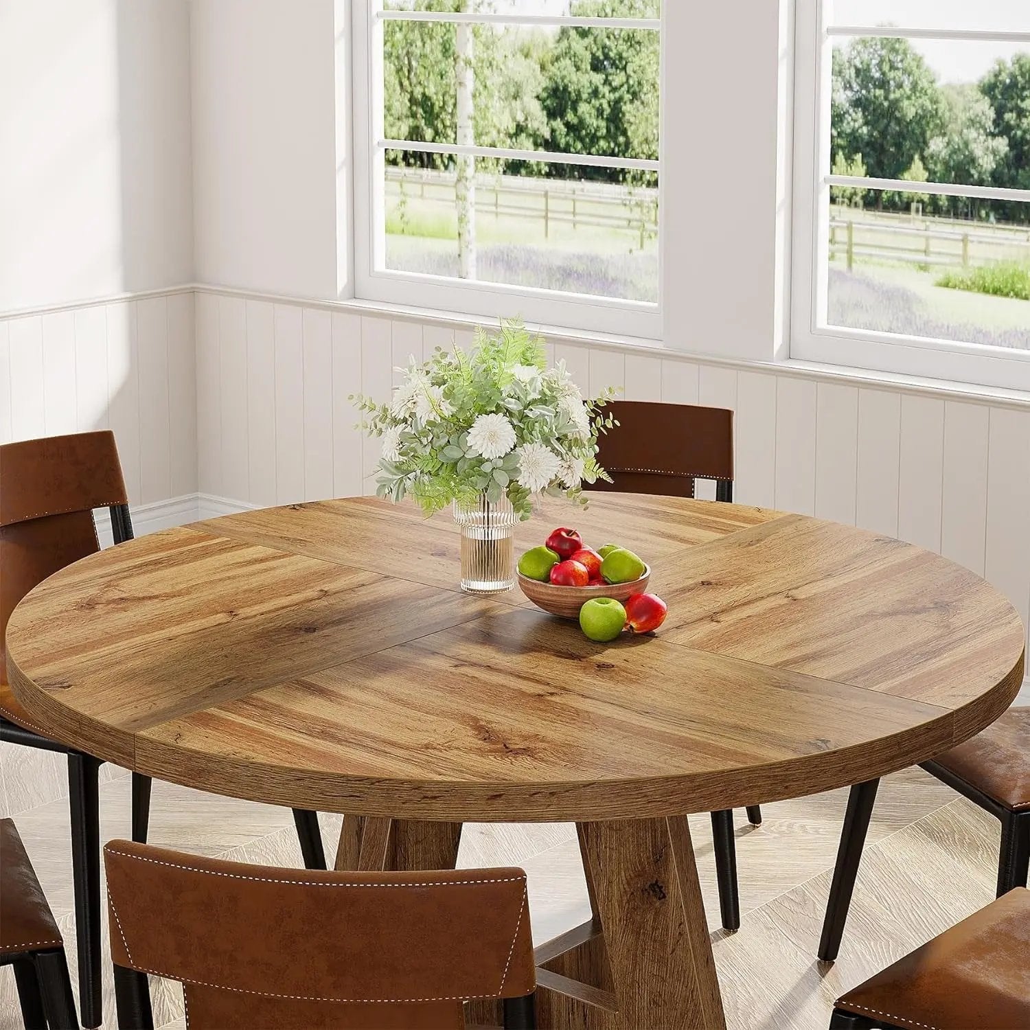 round Dining Table Wood Kitchen Table for Dining Room Living Room, 47" Dinning Room Tables for 4 Adult, Farmhouse Dinner Table with Wooden Tabletop and Cross Base, Burlywood(Only Table) ShipItFurniture