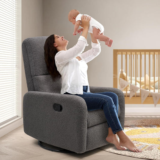 Swivel Rocking Chair, Nursery Glider Recliner Chairs for Adults, Rocker for Living Room Bedroom, Comfy Upholstered Modern Nursing Reclining Single Sofa, Grey Teddy ShipItFurniture