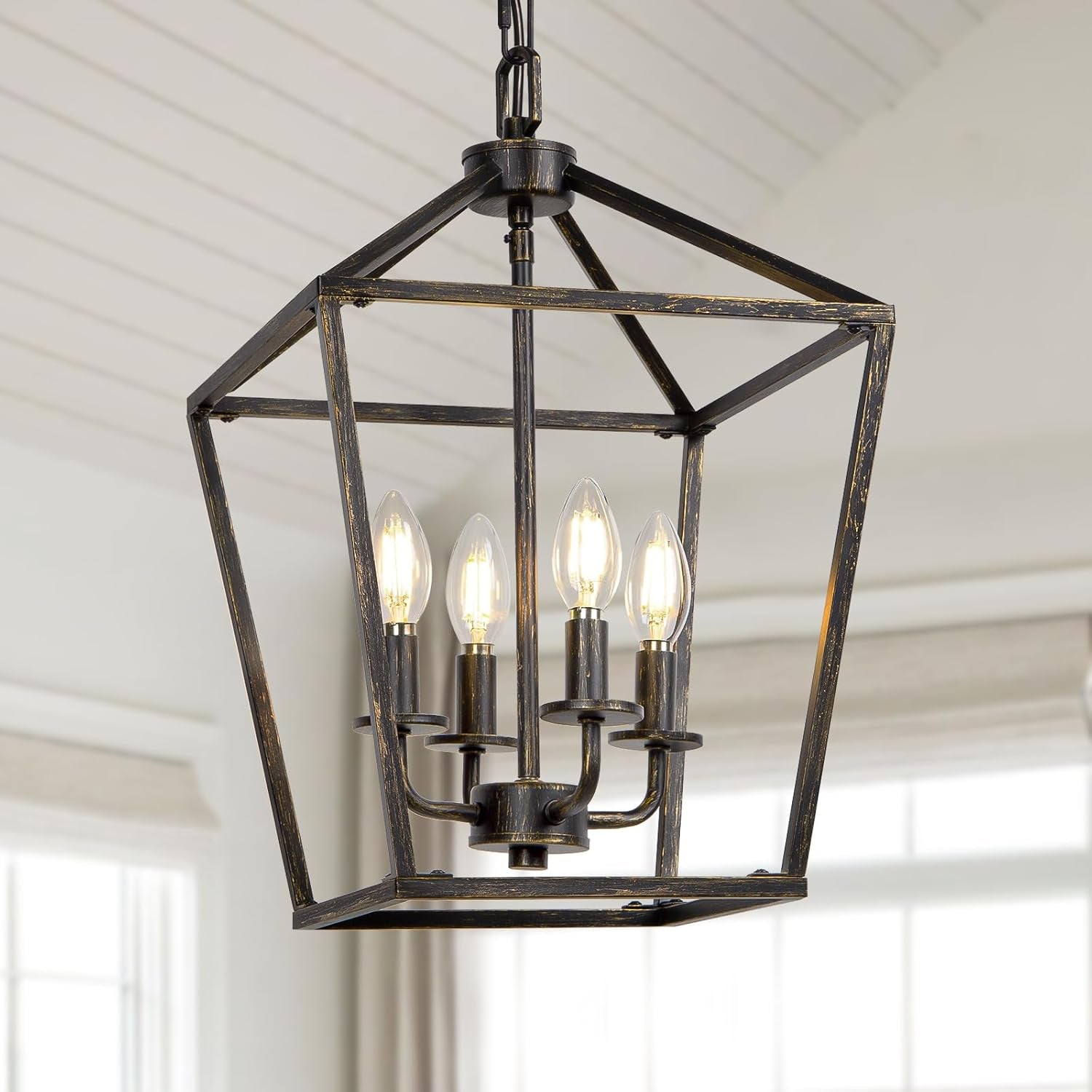 4 Light Chandelier Lighting, Industrial Ceiling Light Black Lantern with Brushed Gold, Geometric Metal Hanging Light Fixture with Adjustable Chain, E12 Base for Entryway Kitchen Island, Indoor Use ShipItFurniture