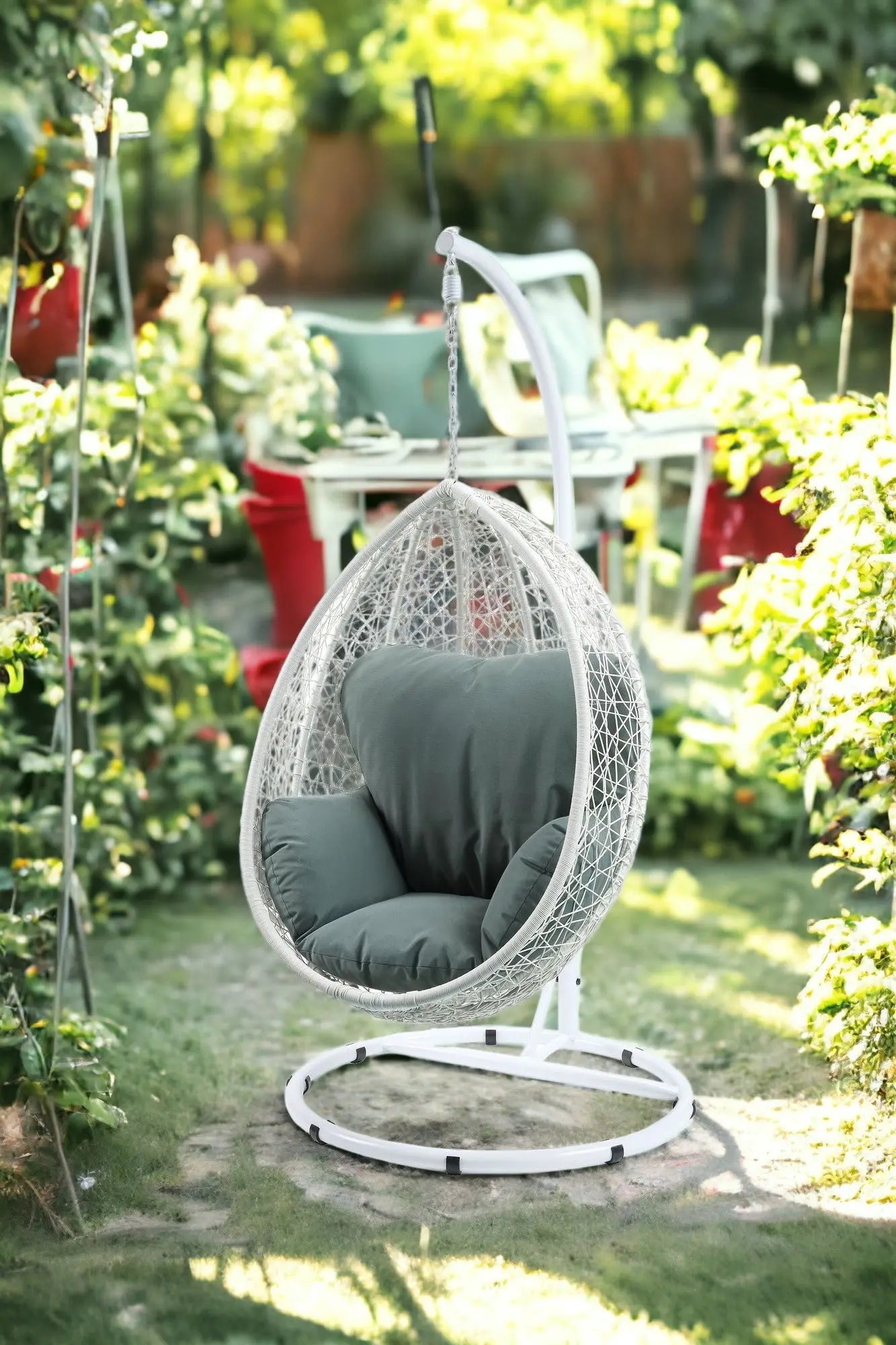 38" White Metal Swing Chair With Green Cushion Homeroots