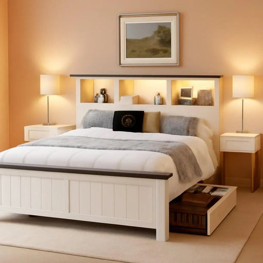 King Size Bed Frame With Storage Drawers And LED Charging Station For Bedroom No Box Spring Needed-0