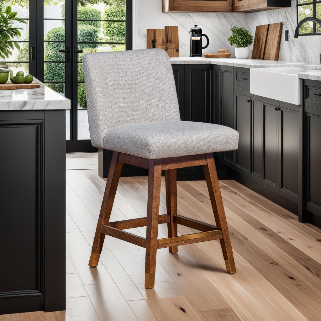 Basila Modern Farmhouse 26" Seat Height Swivel Bar Stool for Kitchen Island Counter in Brown Oak Wood with Taupe Fabric ShipItFurniture