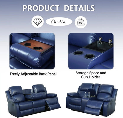 Manual Leather Recliner Sofa Set for Living Room Furniture Set,Leather Recliner Couch Set for Home/Office,Leather Couch Set for 3-Pieces(Sofa+Loveseat+Chair) Blue-2