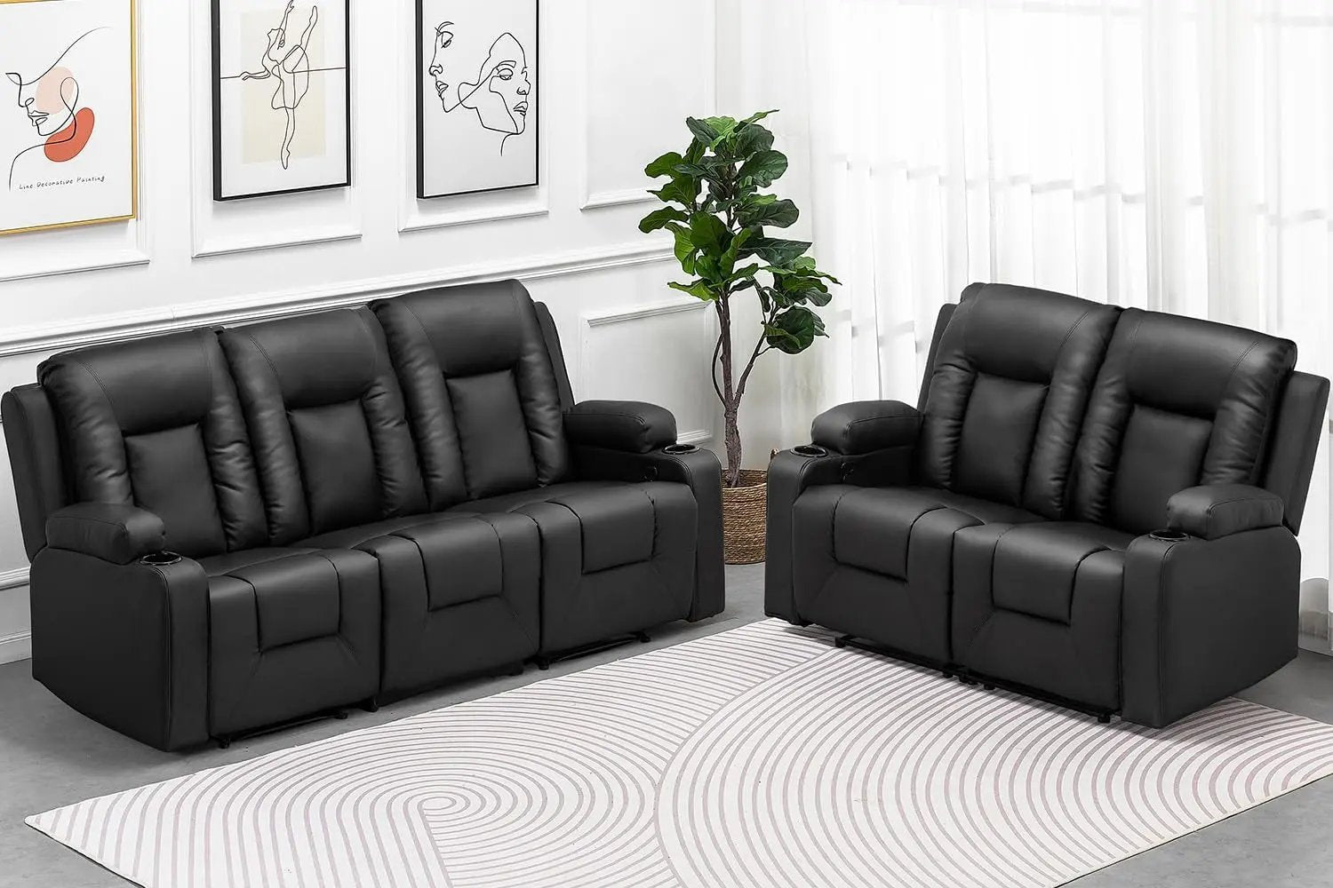 Recline Chair Set，Furniture 2PC Bonded Leather Recliner Set Living Room Set, Sofa, Loveseat（Black,Living Room Set3+2）-0