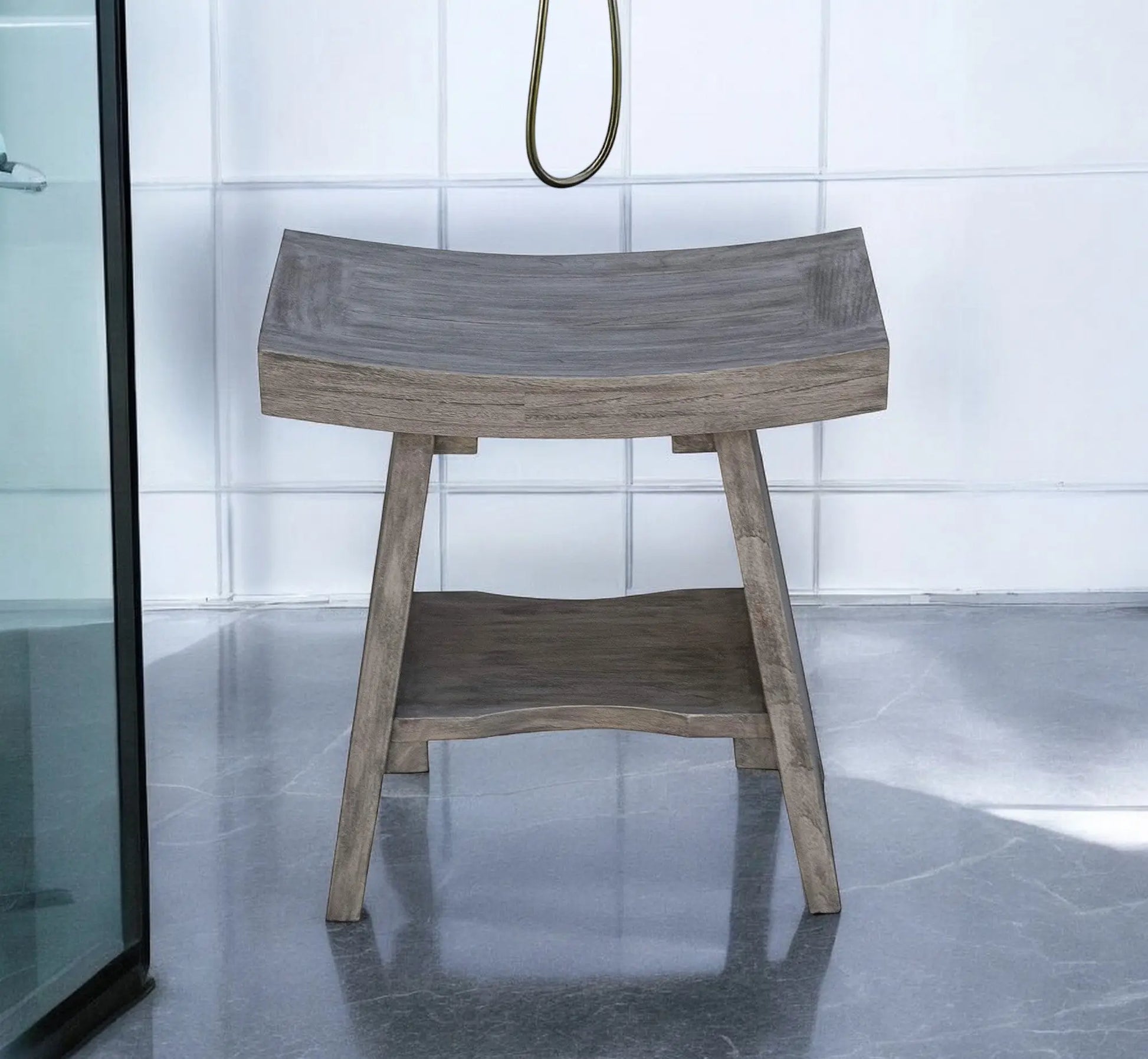 18" Gray Solid Wood Rectangular Shower Bench With Shelf Homeroots