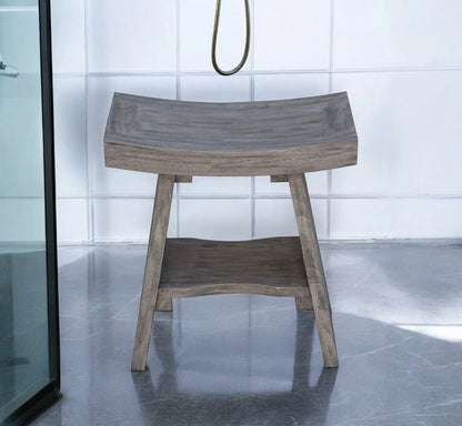 18" Gray Solid Wood Rectangular Shower Bench With Shelf Homeroots