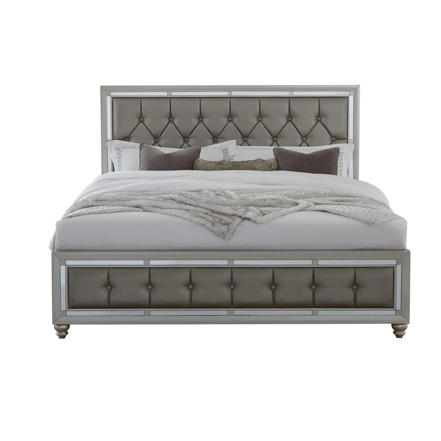 Silver Wood And Tufted Linen Queen Bed Frame With Nailhead Trim-2