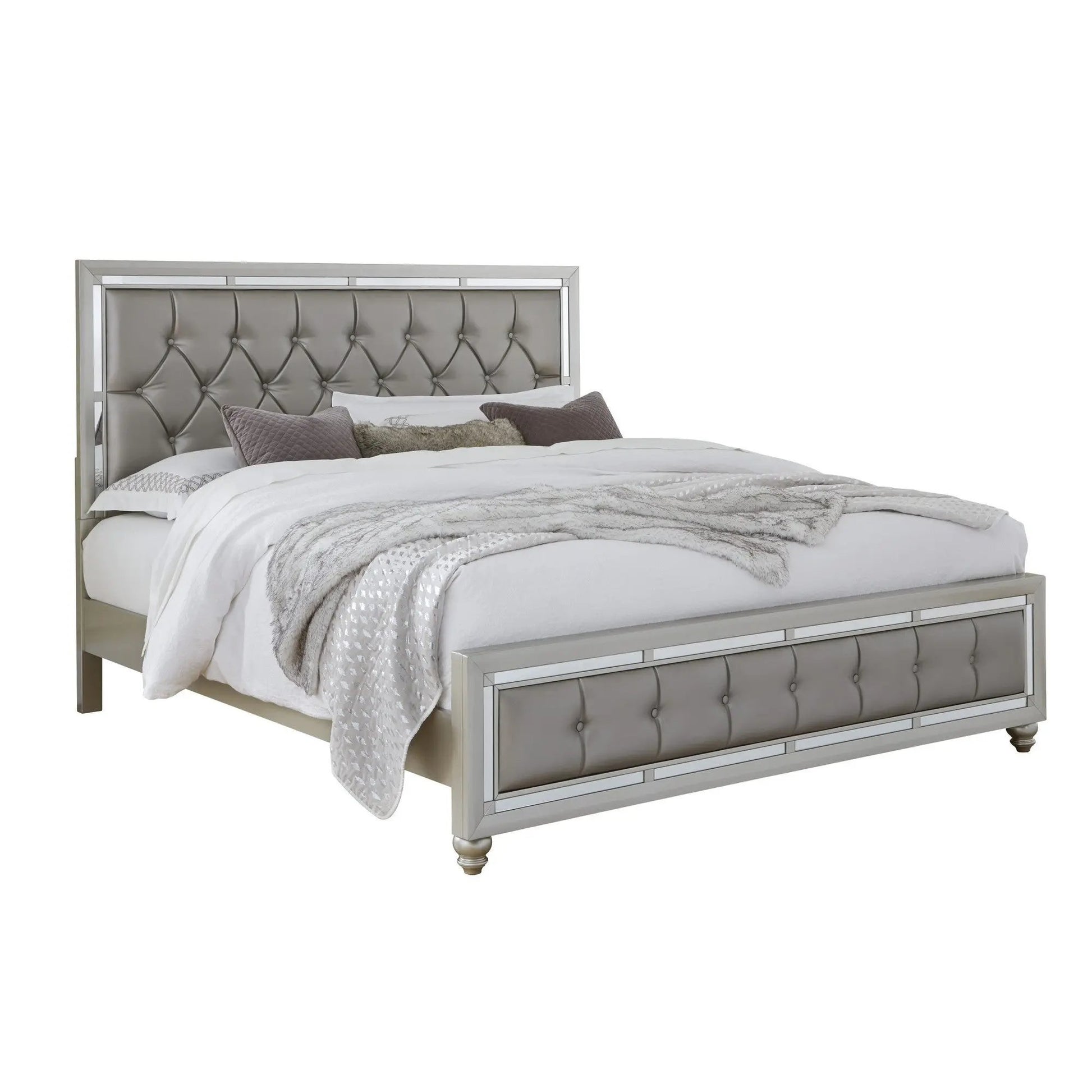 Silver Wood And Tufted Linen Queen Bed Frame With Nailhead Trim-1