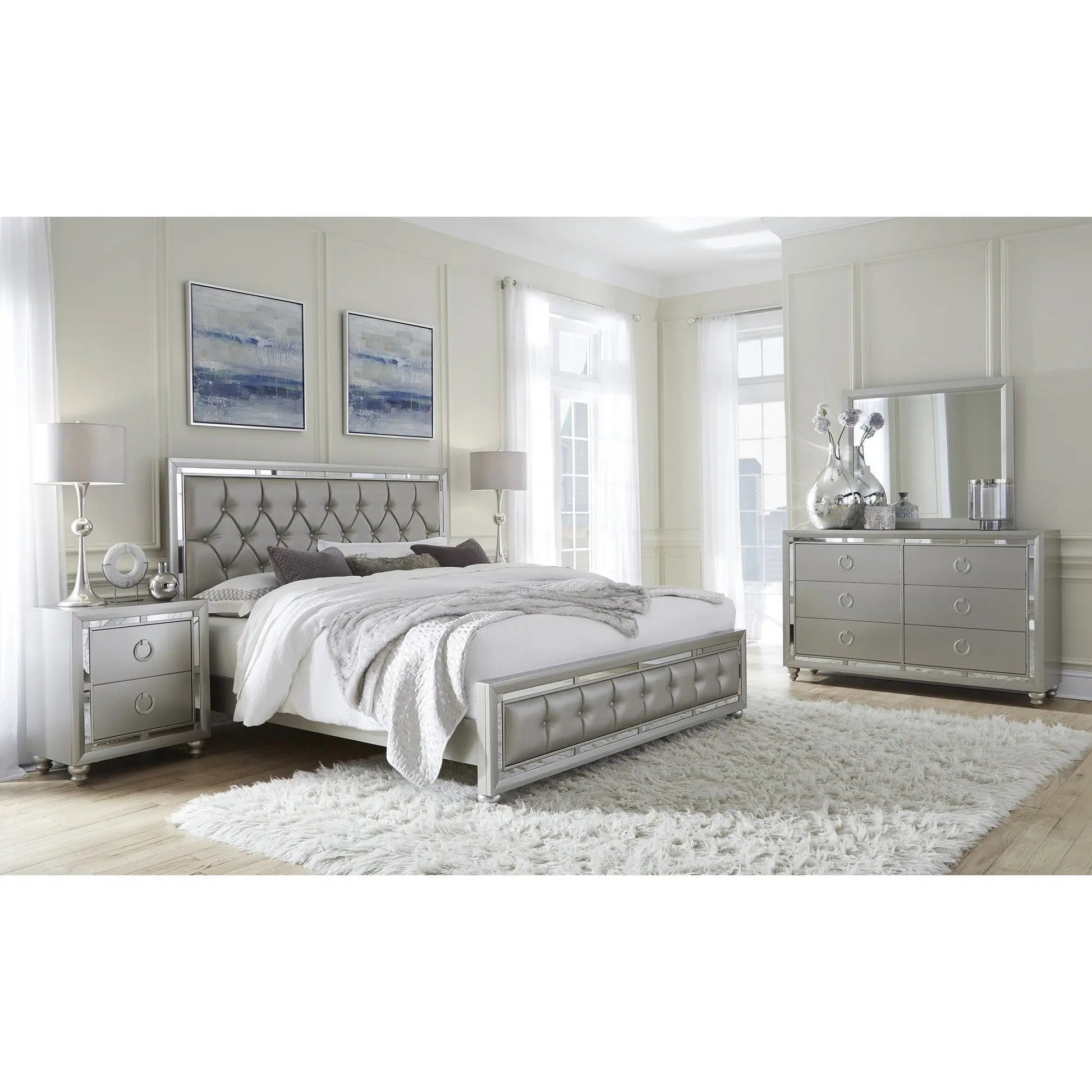 Silver Wood And Tufted Linen Queen Bed Frame With Nailhead Trim-5